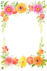 Fototapeta premium Beautiful watercolor floral frame with vibrant colors, featuring pink and orange flowers ideal for invitations or greeting cards