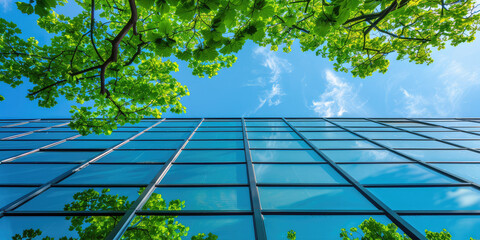 Close-up View to the modern office building skyscraper with greenery near, view from the bottom, summer sky 