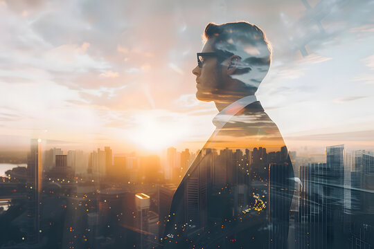 confident financial advisor in suit, looking at urban skyline. double exposure, financial district background. space for your investment message. wide, sunset glow. generative ai