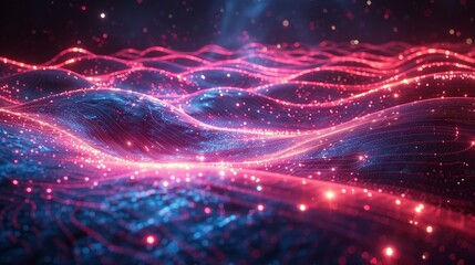 Obraz premium Dynamic depiction of a quantum field with AI algorithms flowing through it, illustrating their interaction at the atomic level. Minimal and Simple style