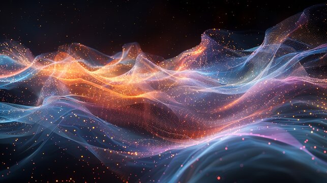 Dynamic depiction of a quantum field with AI algorithms flowing through it, illustrating their interaction at the atomic level. Minimal and Simple style