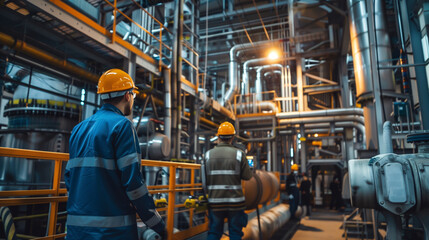 Industrial facility with workers in safety gear inspecting machinery and equipment.
