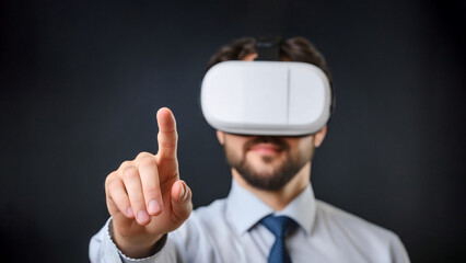 A Man in formal suit, wearing a VR headset, extends their index finger toward the camera interaction with virtual reality technology digital business.