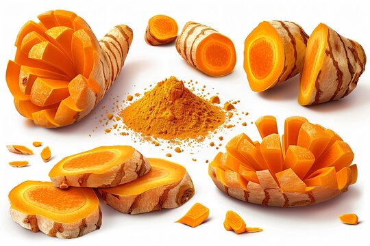 Multiple turmeric pieces and a heap of turmeric