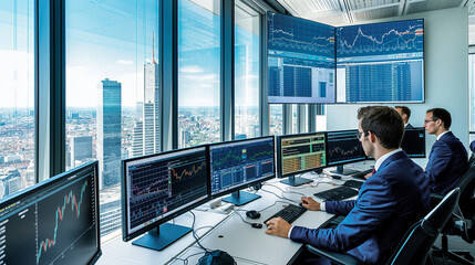 Analysts in a financial center working at computers with multiple screens displaying stock data