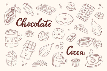 Chocolate and cocoa hand drawn doodles, cartoon elements collection for prints, cards, posters, banners, product decor, etc. EPS 10