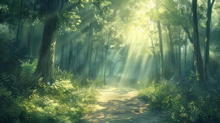 Obraz premium Soft pastel background of a tranquil forest path with sunlight filtering through.