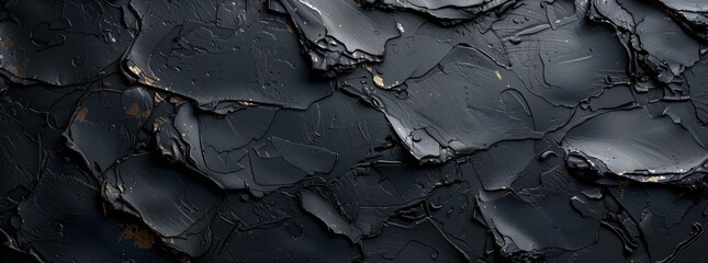 Black abstract background with a rough texture and dark grunge effect, top view