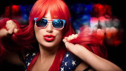 Red-haired woman wearing American flag sunglasses celebrating 4th July with patriotic enthusiasm
