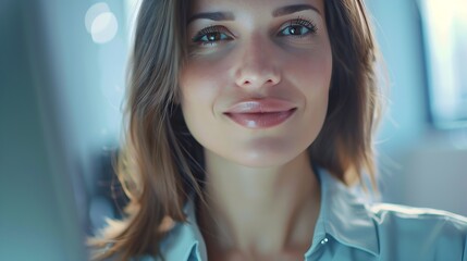 Beautiful business lady is looking at camera and smiling while working in office : Generative AI