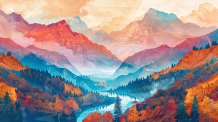 Scenic autumn view with pastel mountains and a river winding through.