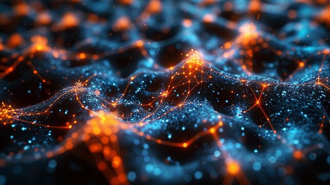 Atomic-level depiction of a neural network with quantum wavefunctions interweaving, highlighting their combined capabilities. Minimal and Simple style