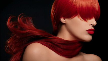 Fototapeta premium Beautiful model with vibrant red dyed hair and bold lips to match her stylish hairstyle, isolated on a black background with copy space