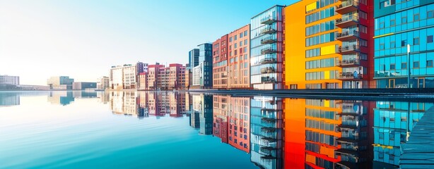 Colorful modern building facade with glass windows, reflection on the water surface, clear sky and cityscape background. Colorful architecture concept in the style of modern design.