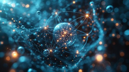 Atomic-level depiction of a quantum field with AI algorithms flowing through it, illustrating their synergy. Minimal and Simple style