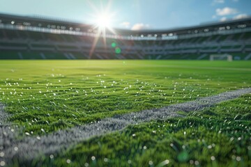 Soccer field, arena benches, clear skies
