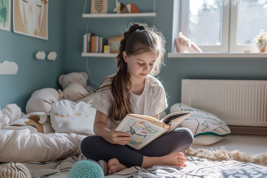 A girl reading in her bed in her bedroom