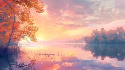 Soft pastel background of a lakeside view with autumn reflections and sunset.