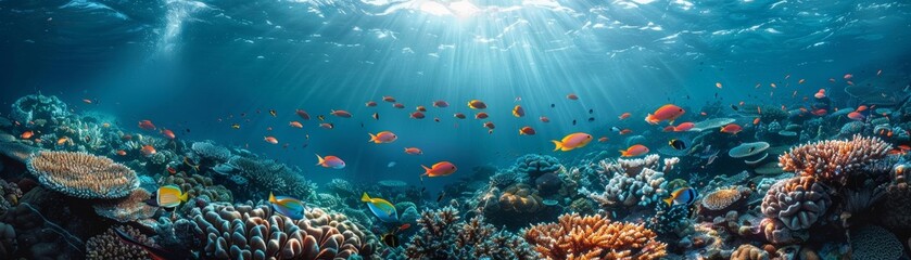 Fototapeta premium A beautiful and vibrant coral reef with a variety of fish swimming around. The water is crystal clear and the sun is shining down, creating a beautiful scene.