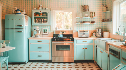 A retro kitchen setup with pastel-colored appliances, patterned wallpaper, and chrome accents, representing mid-century home decor