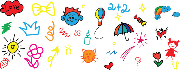 cute hand drawn doodle vector set, love, Natural , firework, cloud, weather, rainbow, snow, heart and creative design vector collection.kids hand drawn.eps10