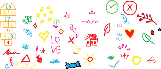 cute hand drawn doodle vector set, love, Natural , firework, cloud, weather, rainbow, snow, heart and creative design vector collection.kids hand drawn.eps10