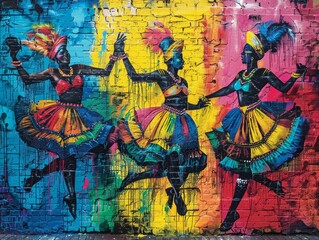 Bold Graffiti-Style Mural of Vibrant Carnival Parade with Dancers

