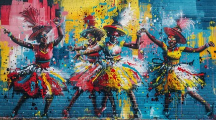Fototapeta premium Bold Graffiti-Style Mural of Vibrant Carnival Parade with Dancers