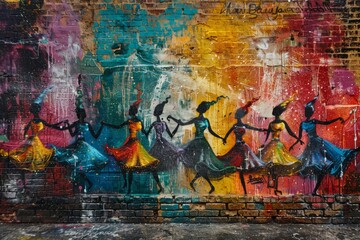 Bold Graffiti-Style Mural of Vibrant Carnival Parade with Dancers

