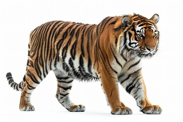 Tiger walk snow white background
