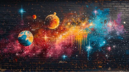 Bold Graffiti-Style Mural of Cosmic Dance of Planets and Stars

