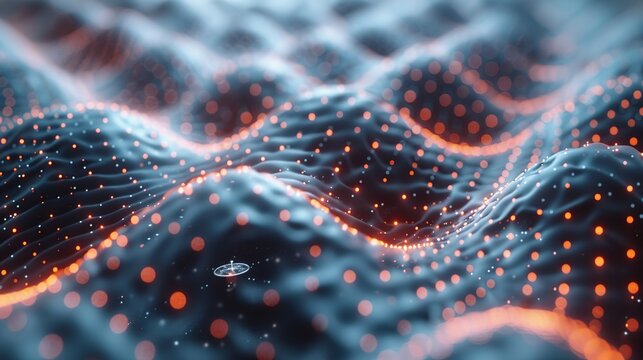 Atomic-level depiction of a neural network with quantum wavefunctions interweaving, highlighting their combined capabilities. Minimal and Simple style
