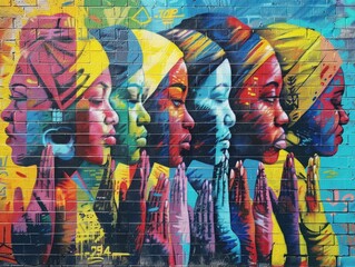 Fototapeta premium Bold Graffiti-Style Mural of Lively Street Scene with Diverse Prayer Gathering