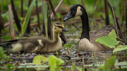 Obraz premium Canadian goose and gosling feeding in wetland vegetation at Edwin B Forsythe National Wildlife Refuge Galloway New Jersey