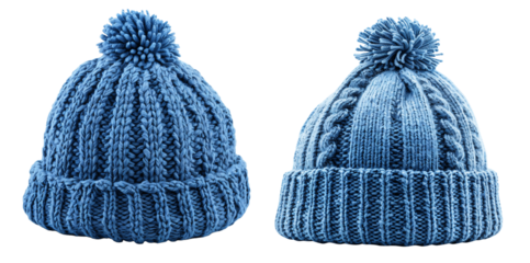 blue knitted winter bobble hat isolated on white background
