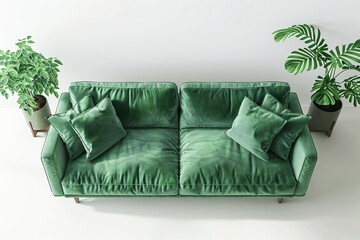 Green couch close up with pillows and plant