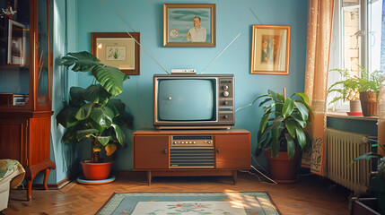 Fototapeta premium An old-fashioned television set with rabbit ear antennas in a cozy living room, bringing back memories of vintage entertainment