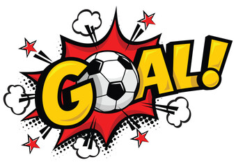 Goal football game, soccer ball. Text speech bubble balloon exploding. Comic pop art style wow banner message. Halftone dot funny vector on transparent background. © Kiselov