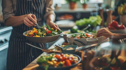 WOMAN preparing food on plates with vegetables and spices in high resolution and quality