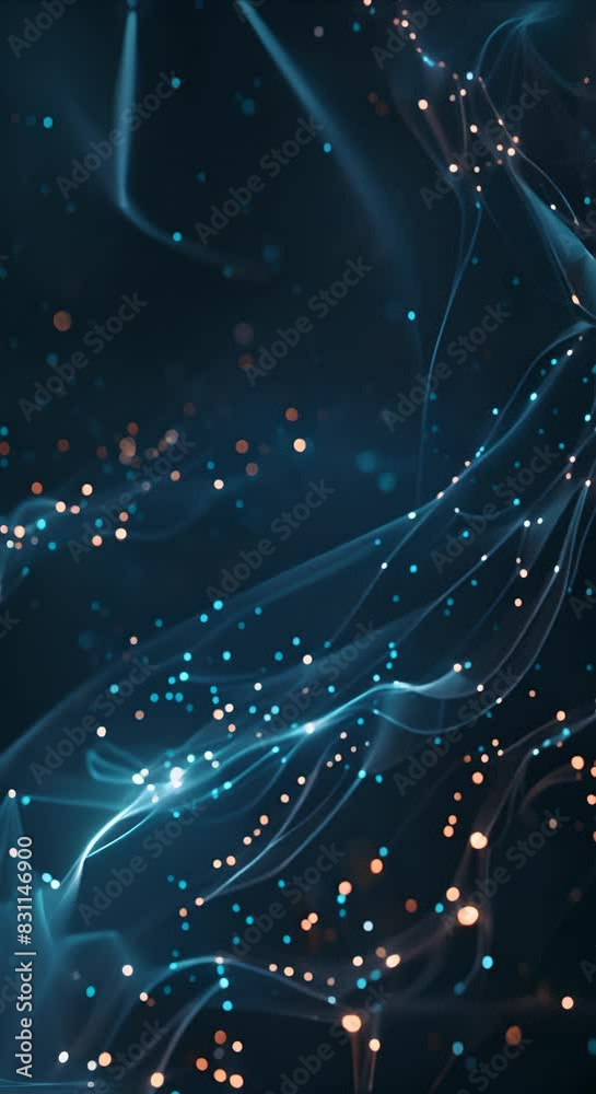 Poster abstract flowing blue and gold particles on a dark background. futuristic technology and energy conc