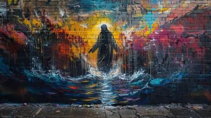 Bold Graffiti-Style Mural of Jesus Walking on Water

