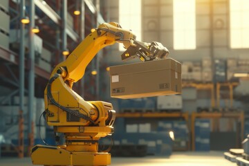 Robot warehouse holding box ready for transportation or storage. Industrial setting features shelves and equipment. Robot over grocery delivery warehouse 