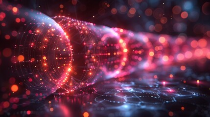 Artistic representation of quantum entanglement within an AI network, highlighting the interaction of quantum physics and artificial intelligence at the atomic level. Minimal and Simple style