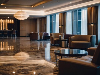 Abstract blurred empty hotel lobby. Blurry reception area with seating and decor by defocused effect.