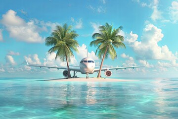 Naklejka premium Passenger plane and tropical palm tree on a paradise island. Unusual journey 3d illustration. 