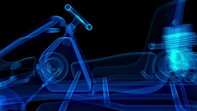 Karting car. Low poly wireframe Polygonal Video Footage with connected dots and blue bright light model Kart.