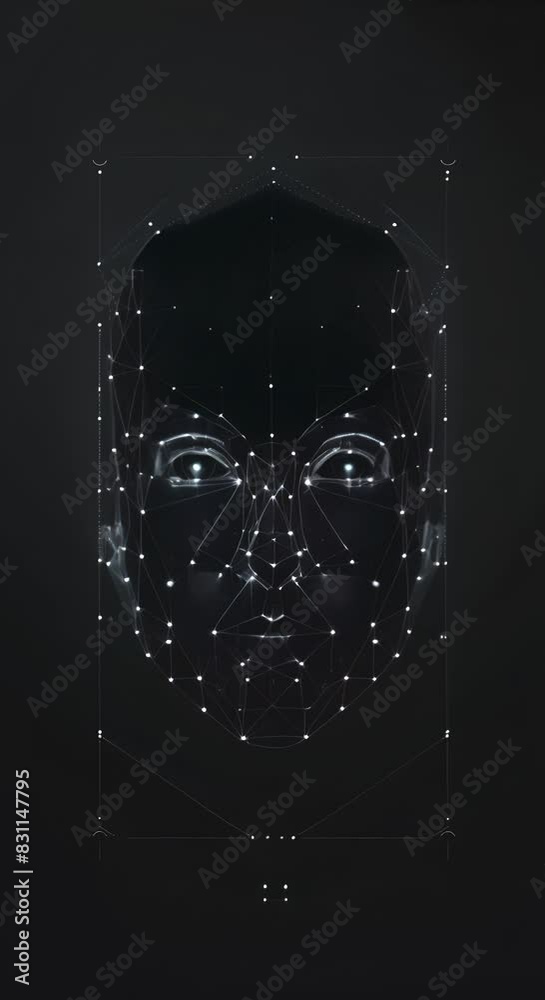 Poster Futuristic digital face recognition technology illustration with connected points and lines on a dark background. Artificial intelligence and biometric identification concept 