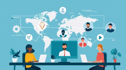 illustration of a work group in a conference on screens in an office with the world map in the background in high resolution and quality
