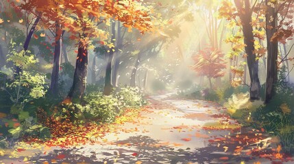Gentle pastel hues featuring a forest path with fallen leaves and sunlight.