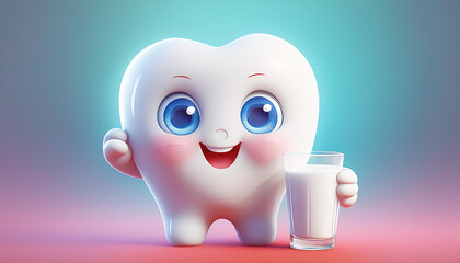 A cute tooth character with big round eyes and a friendly expression, holding a glass of milk. The background is a soft, minimalist color with space for text, perfect for various design purposes.